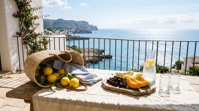Coastal Balcony Ferragosto Picnic Prep With Basket Linen And Fruit