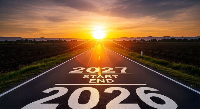 A road stretches towards a vibrant sunset, marked with the years 2026 and 2027, symbolizing the transition from one year to the next.