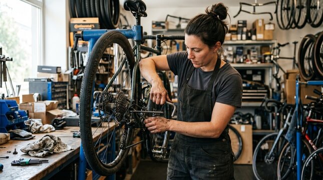 Female bicycle mechanic adjusting drivetrain in repair workshop