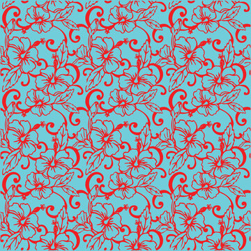 Red Hibiscus Floral Pattern on Turquoise Background Vector
