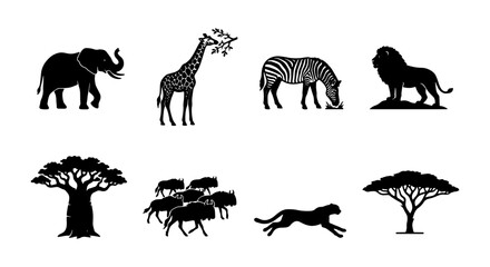 African Safari Wildlife Icons Set, Silhouette Animals Collection, Savannah Trees Vector Graphics, Nature Elements © Protiva