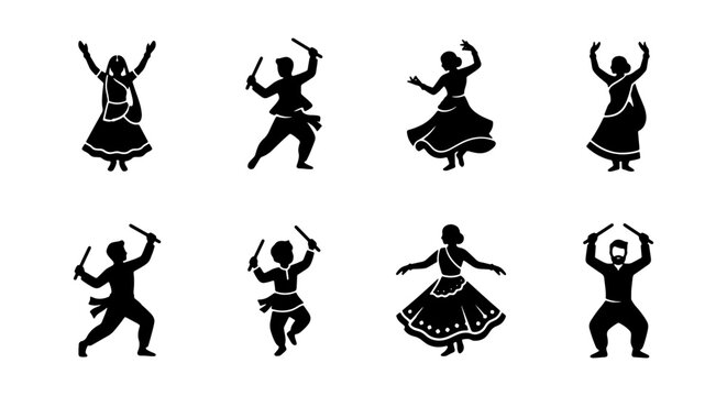 Indian Garba Dance Figures, Traditional Celebration Dancers, Festive Cultural Performance Silhouettes, Vector Set