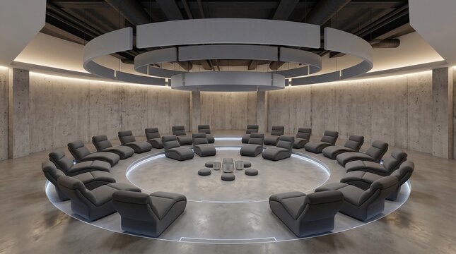 Circular sound therapy chamber in converted industrial basement interior