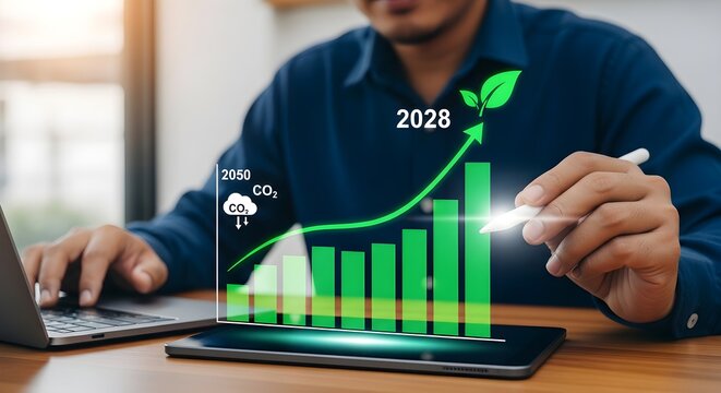 Businessman analyzing sustainable growth data on a holographic chart with environmental goals and future projections.