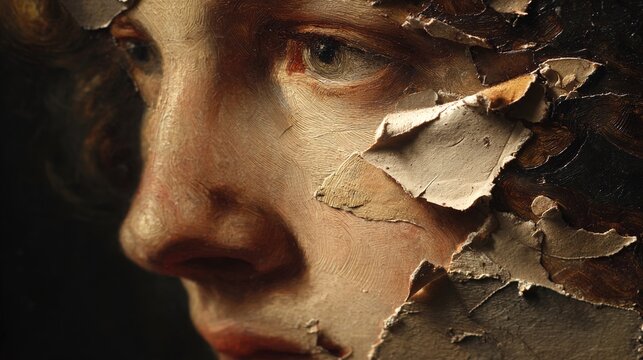 underlying. Close-up of a classical portrait with peeling paint revealing canvas texture. event programs, museum guides, designed for cultural heritage projects and event programs.