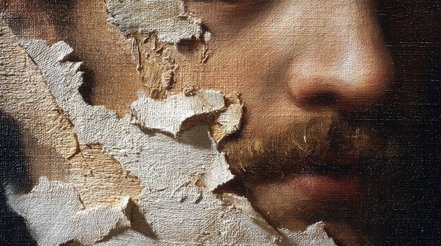 underlying. Close-up of a classical portrait with peeling paint revealing canvas texture. event programs, museum guides, designed for cultural heritage projects and event programs.