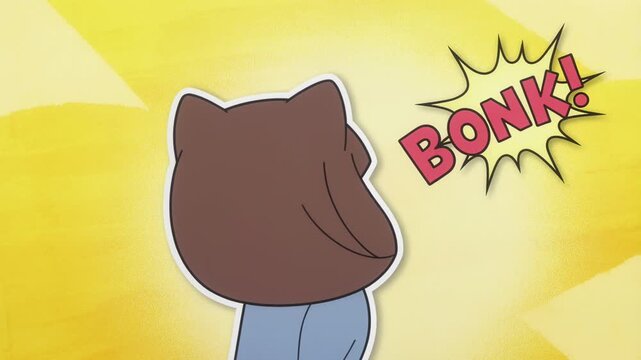 Anime girl with cat ears getting surprised bonk in slow motion with flying bonk text in pop up style single scene vibrant colors playful mood