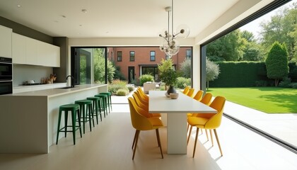 Fototapeta premium Modern open plan kitchen and dining area with large glass doors opening to a green garden. White island with green stools faces kitchen counter. Yellow chairs surround white dining table.