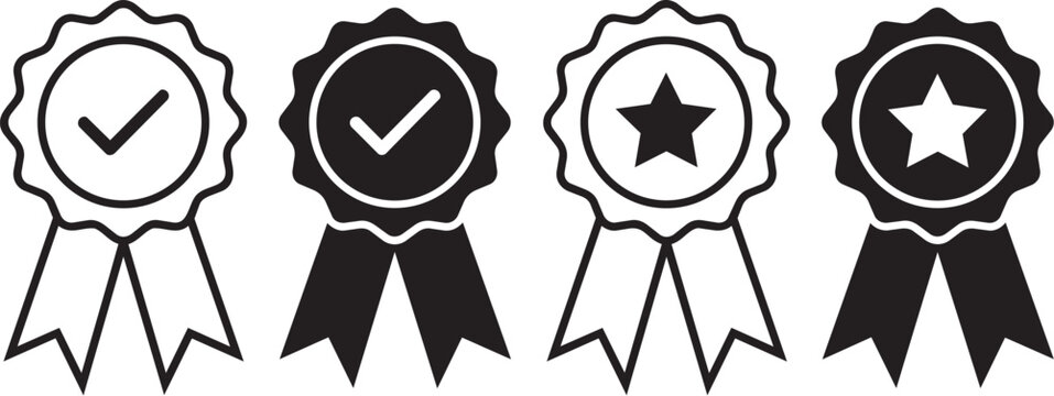 Four black and white vector rosette ribbons with checkmarks and stars for awards and recognition on a white background design