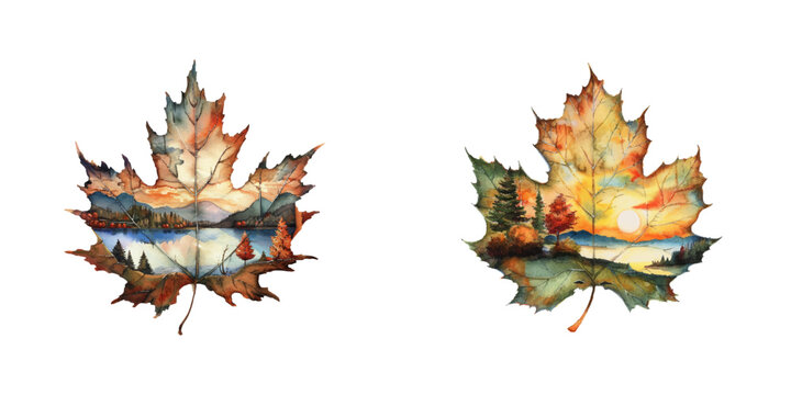 silhouette maple leaf with fall scene inside watercolor vector illustration