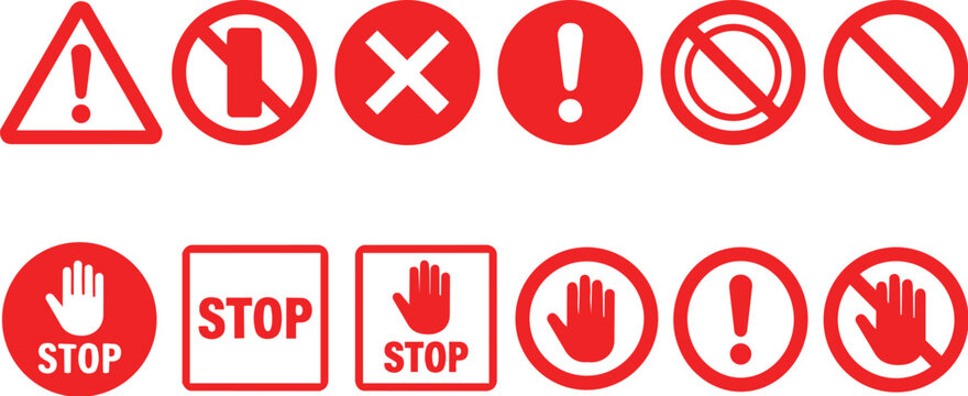 Red warning and stop signs in a vector graphic illustration for safety and alertness on a white background precisely designed