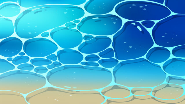 Cartoon vector illustration transparent pure blue water surface with sun caustics and highlights. The top-down view organic liquid shapes - water ripples on shallow sea sand surface. Azure gradient.