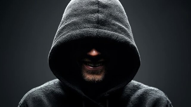 Mysterious hooded figure with a sinister smile in dark lighting