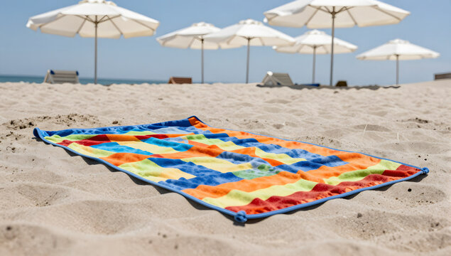Beach Towel Oasis: A vibrant, colorful beach towel lies spread out on the warm sand, inviting relaxation under the bright sun with umbrellas dotting the background.