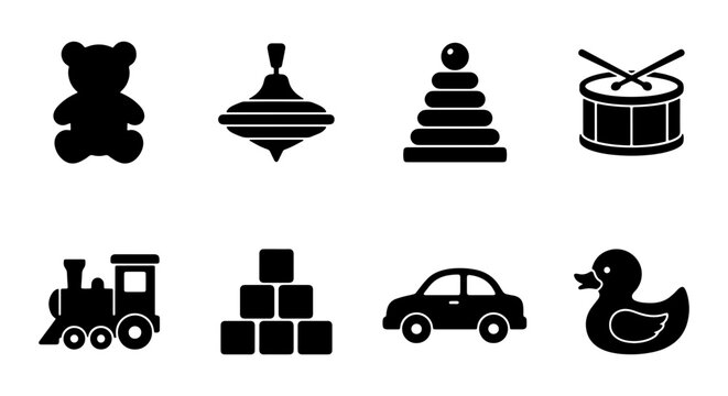 Classic Toy Icons Set: Teddy Bear, Spinning Top, Stacking Rings, Drum, Train, Blocks, Car, Rubber Duck
