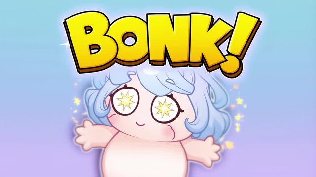 Cute chibi character experiencing stars after being bonked in slow motion with animated big bonk text overhead humorous cartoon scene