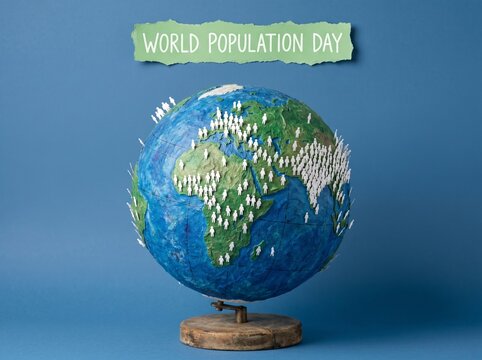 A handcrafted papier mache terrestrial globe stands featuring numerous tiny human figures representing global demographic diversity and sustainability challenges during the annual observance