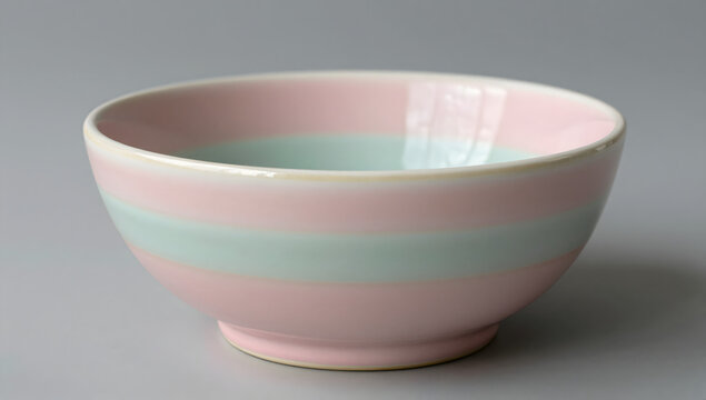 Striped Ceramic Bowl: A simple ceramic bowl with delicate pink and pale green stripes, perfect for serving snacks or holding small items.