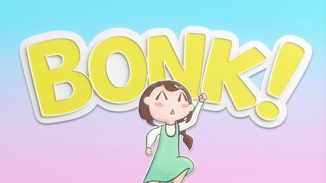 Cute anime girl gets bonked on the head with a large mallet in playful pop up animation style with exploding ' bonk