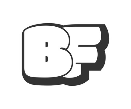 BF logo, bubble comic lettering, rounded in graffiti style black and white silhouette. Trendy preschool B and F letter text for festival party, personal initials, children funky print and web.
