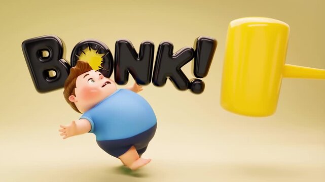Funny slow motion scene of a cute boy character getting bonked on the head while trying to run away with humorous 'bonk' text and playful background for entertainment