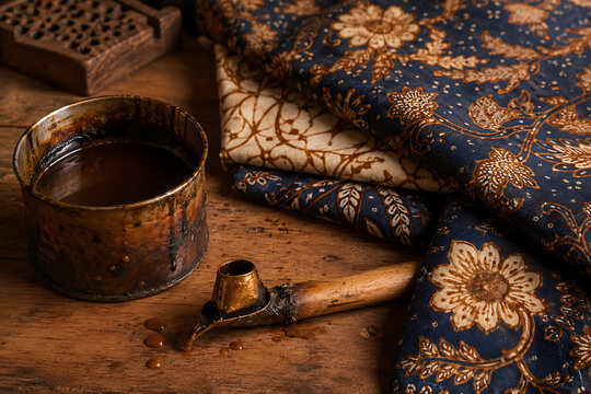 Batik making tools &mdash; canting, wax pot, folded cloth, indigo and sogan tones