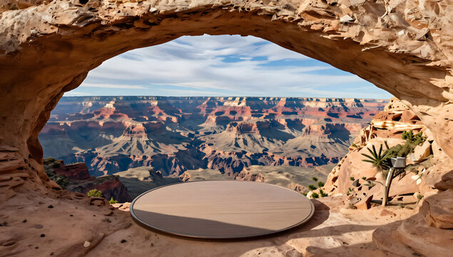 Grand Canyon Vista Point: A wooden platform overlooks the majestic Grand Canyon, framed by a natural rock arch, offering a breathtaking panorama of the vast, layered landscape under a dynamic sky.