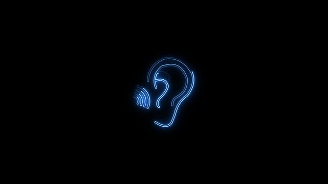 Neon blue glowing human ear icon with sound waves on black background