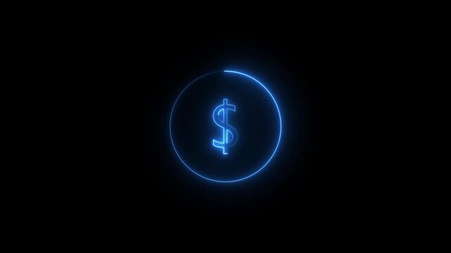 glowing Neon dollar sign icon on black background. dollar symbol in bule collar rectangle frame for business or finance concept. Dollar currency money sign. 4k video animation