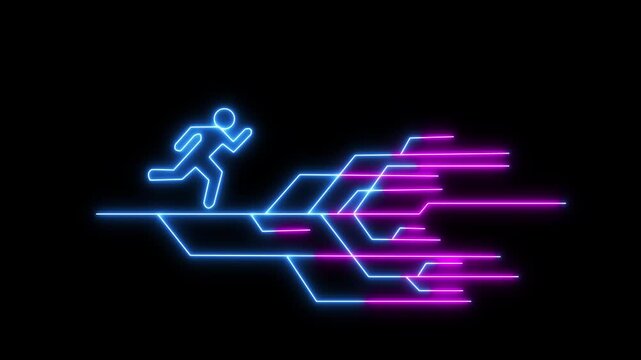 Neon glowing running man icon with cyber data lines