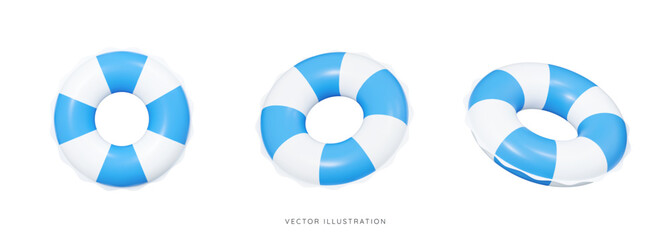 Plakat 3D Inflatable swimming ring in blue icon set. Rubber pool toy. Swim lifesaver. Summer time objects. Travel and vacation. Cartoon design icons isolated on white. 3D Vector illustration