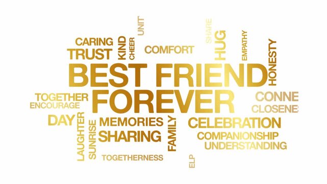 Best friend forever BFF concept Animated Tag Word Cloud kinetic typography, Text Design Animation typography seamless loop video motion graphics Intro Wordart arrangement golden type on white backgrou