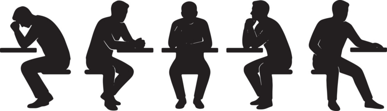 Silhouette Figures Sitting at Desks, Pensive Poses, Vector Icons for Education, Business, and Study Concepts