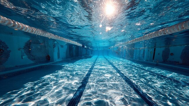 Sunlight filters through blue water in an empty swimming pool background, highlighting lane markers and tiled walls for sports and recreation themes.