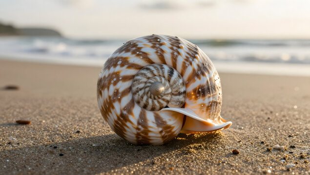 Spiral Shell on Sandy Shore: A beautifully patterned spiral shell rests on a sun-drenched sandy beach, with the gentle waves of the ocean softly lapping in the background.