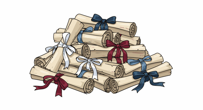 A pile of rolled up documents tied with ribbons, on a white background