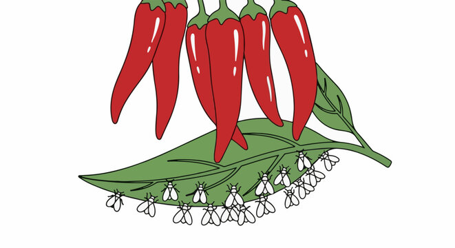 A cluster of ripe red chili peppers hangs above a green leaf populated by many small white flies
