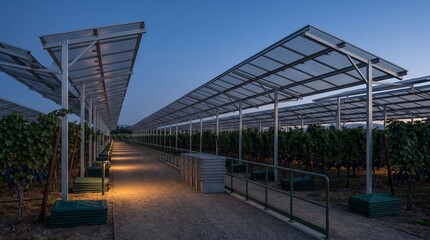 Fototapeta premium Dusk Agrivoltaic Vineyard Infrastructure In Premium Wine Landscape