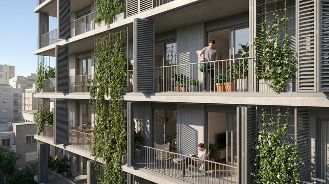 Passive Cooling Apartment Facade With Shading Louvers And Green Balconies