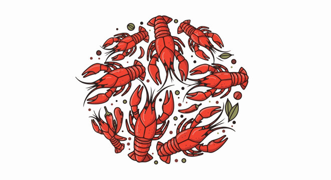 Red crawfish and chili peppers arranged in a circular pattern