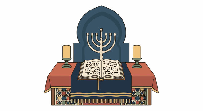 An illustration of a menorah, an open book with Hebrew text, and two candles on a draped table