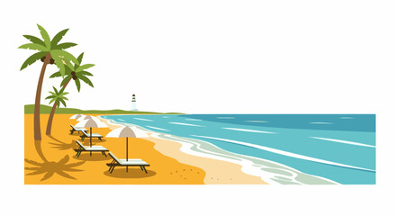 Obraz premium Serene beach with palm trees, umbrellas, lounge chairs, and a distant lighthouse under a clear sky