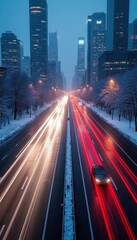 Naklejka premium Cars drive on snowy city highway at dusk. Light trails show fast movement on wet road. Tall office buildings line street with bare trees under evening sky. Urban winter commute.