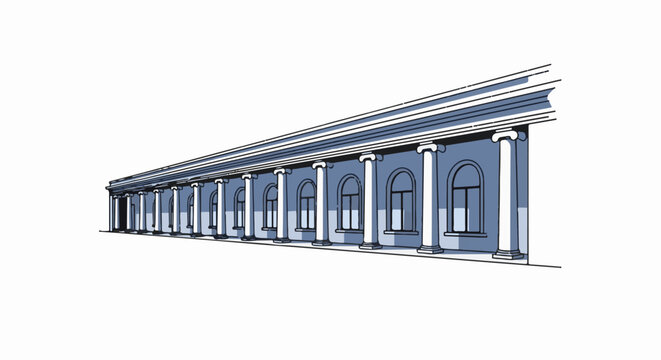 Stylized architectural drawing of a long building with columns and arched windows