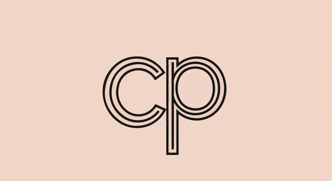 Minimalist graphic with interlocking letters "CP" on a soft peach background