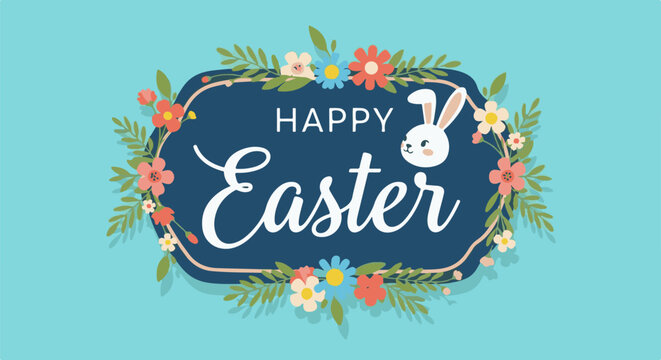 A cheerful Easter greeting card featuring a floral wreath and a cute bunny
