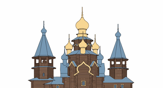 Stylized wooden church with multiple blue and gold domes against a white background