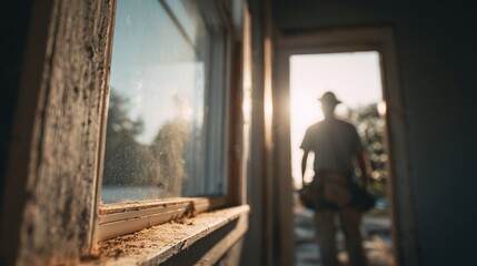 Fototapeta premium Silhouette of a worker installing a new window at a home entry during sunset, with close-up of dusty wooden frame and glass reflecting warm light.