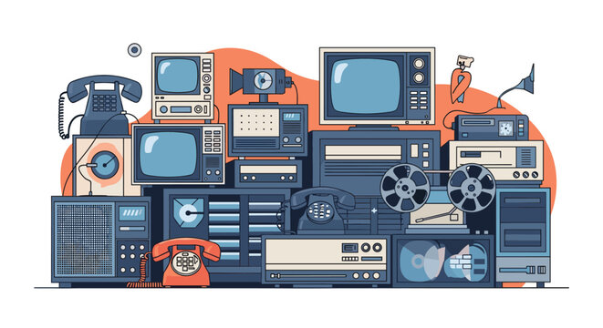 Massive pile of retro electronic devices includes vintage televisions, radios, recorders, and telephones stacked together in nostalgia.