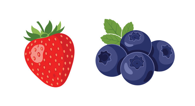 Illustration of a large ripe red strawberry and a group of four fresh blue blueberries with green leaves on white.